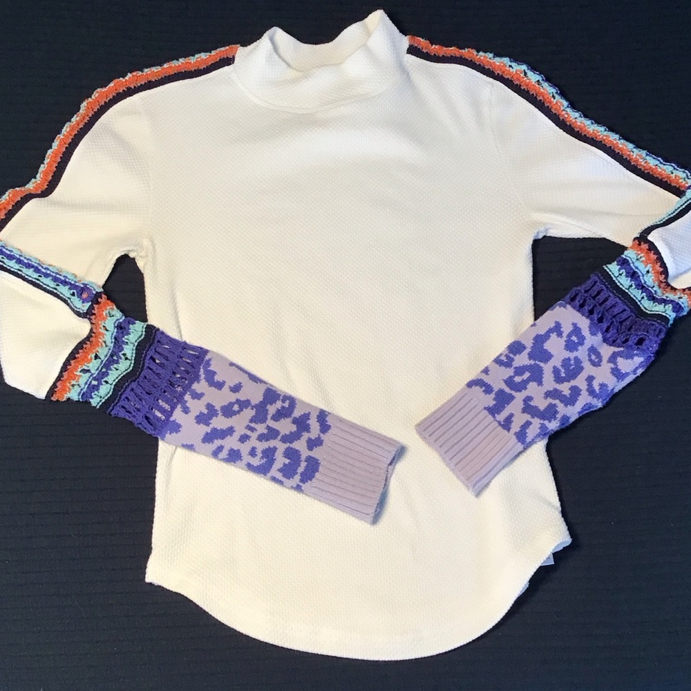 White Knit Sweater with Purple Leopard Sleeve Accents